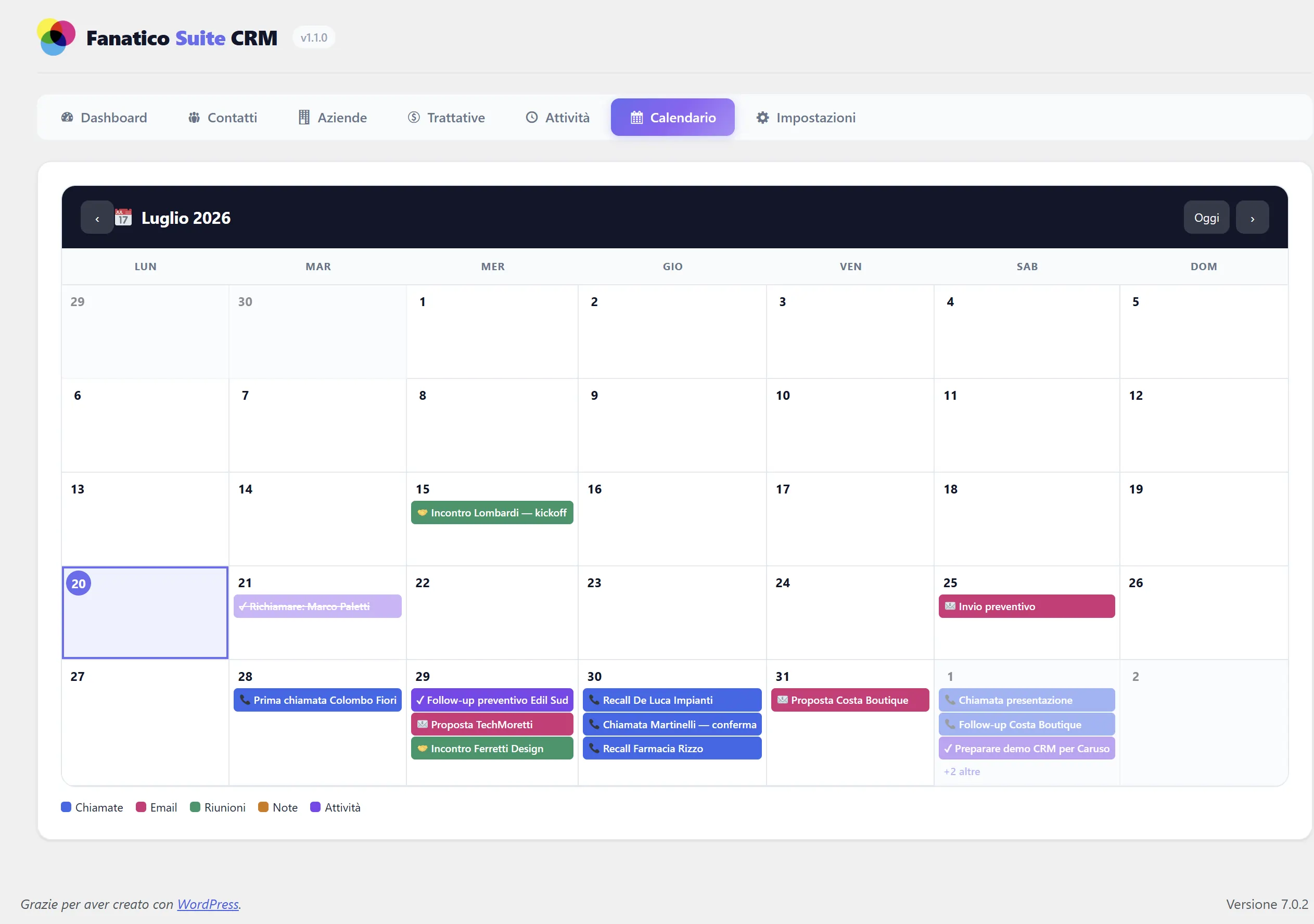 Calendario mensile di Fanatico Suite con appuntamenti, chiamate, email, note e attività colorate