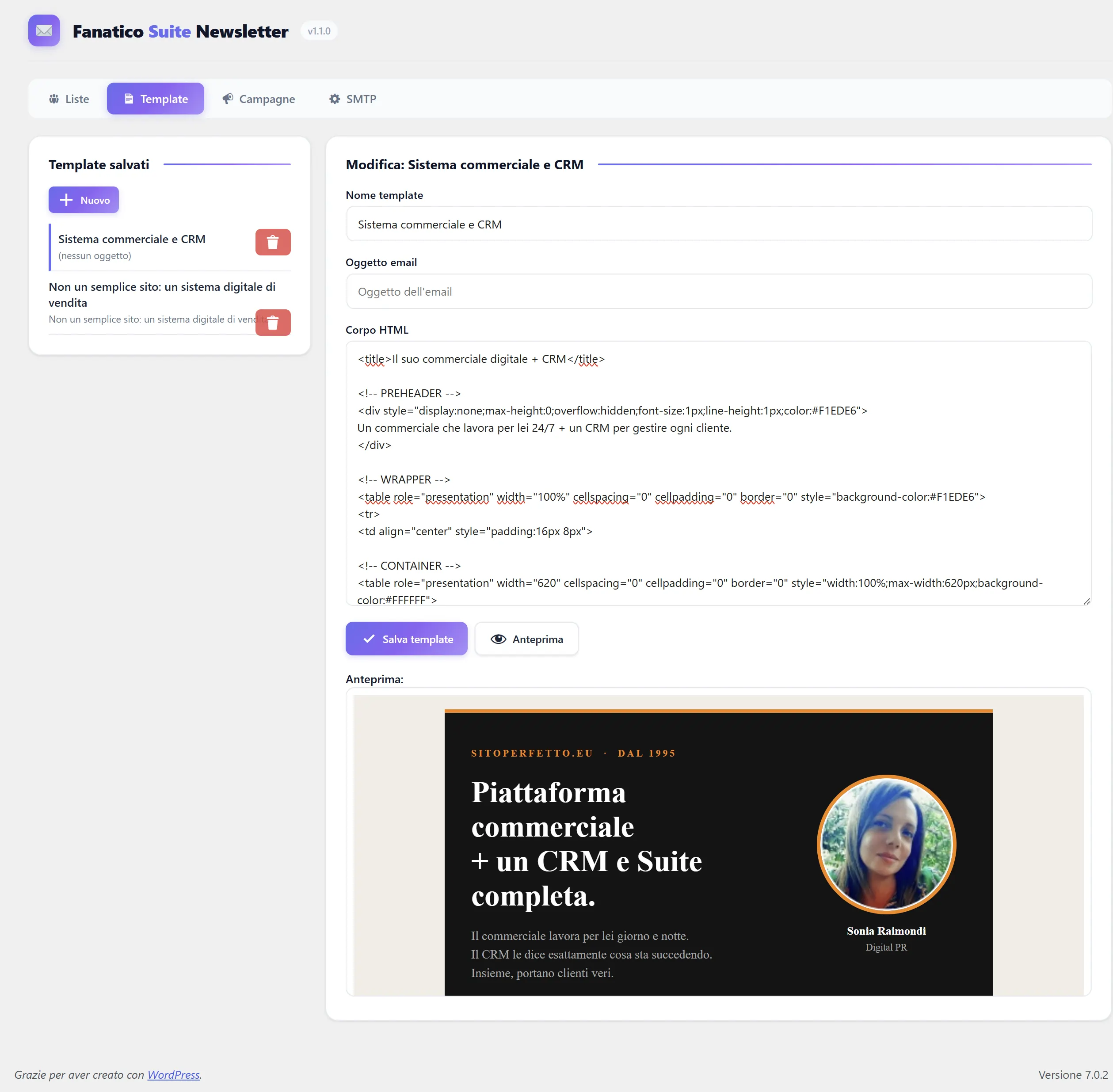 Editor HTML di Fanatico Suite per creare newsletter con anteprima live e template salvati