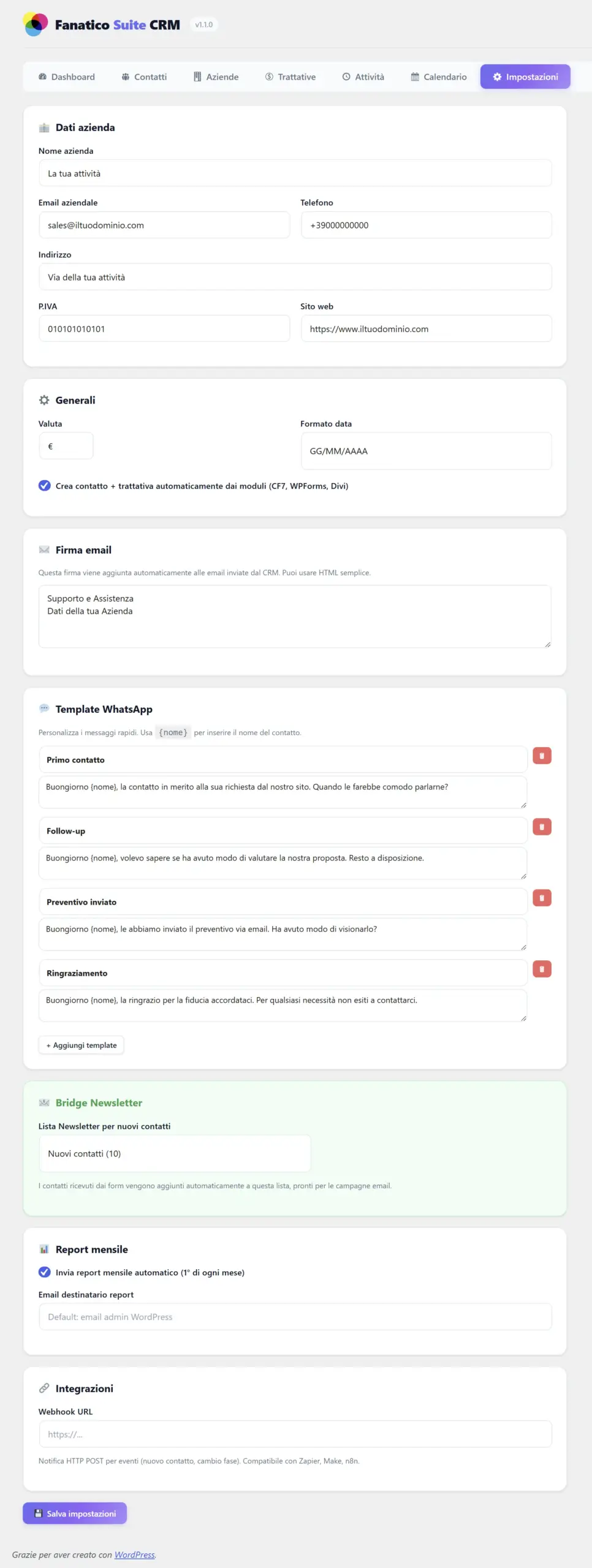 Pannello impostazioni di Fanatico Suite con dati azienda, firma, WhatsApp, Bridge, report e webhook