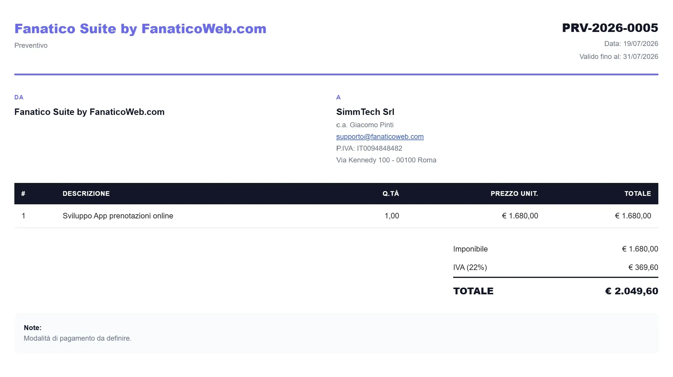 Anteprima di un preventivo Fanatico Suite con dati cliente, righe prodotto, IVA e totale