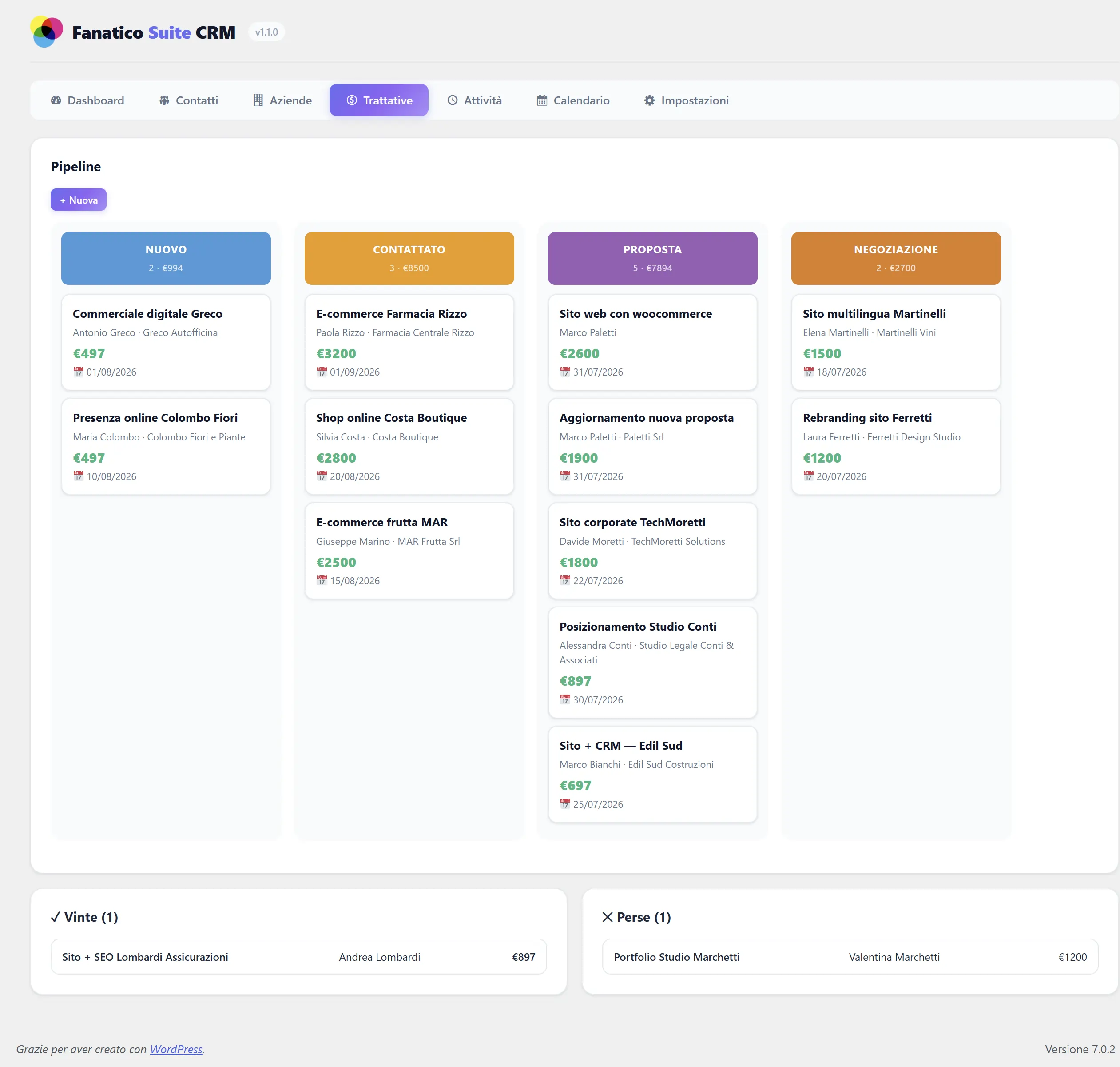 Pipeline Kanban di Fanatico Suite CRM con trattative organizzate per fase commerciale