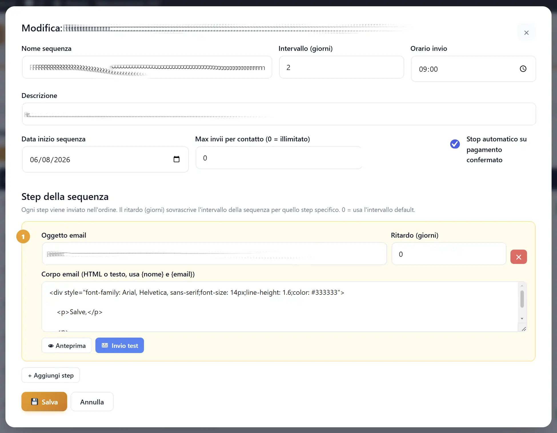 Editor email automatiche Fanatico Suite