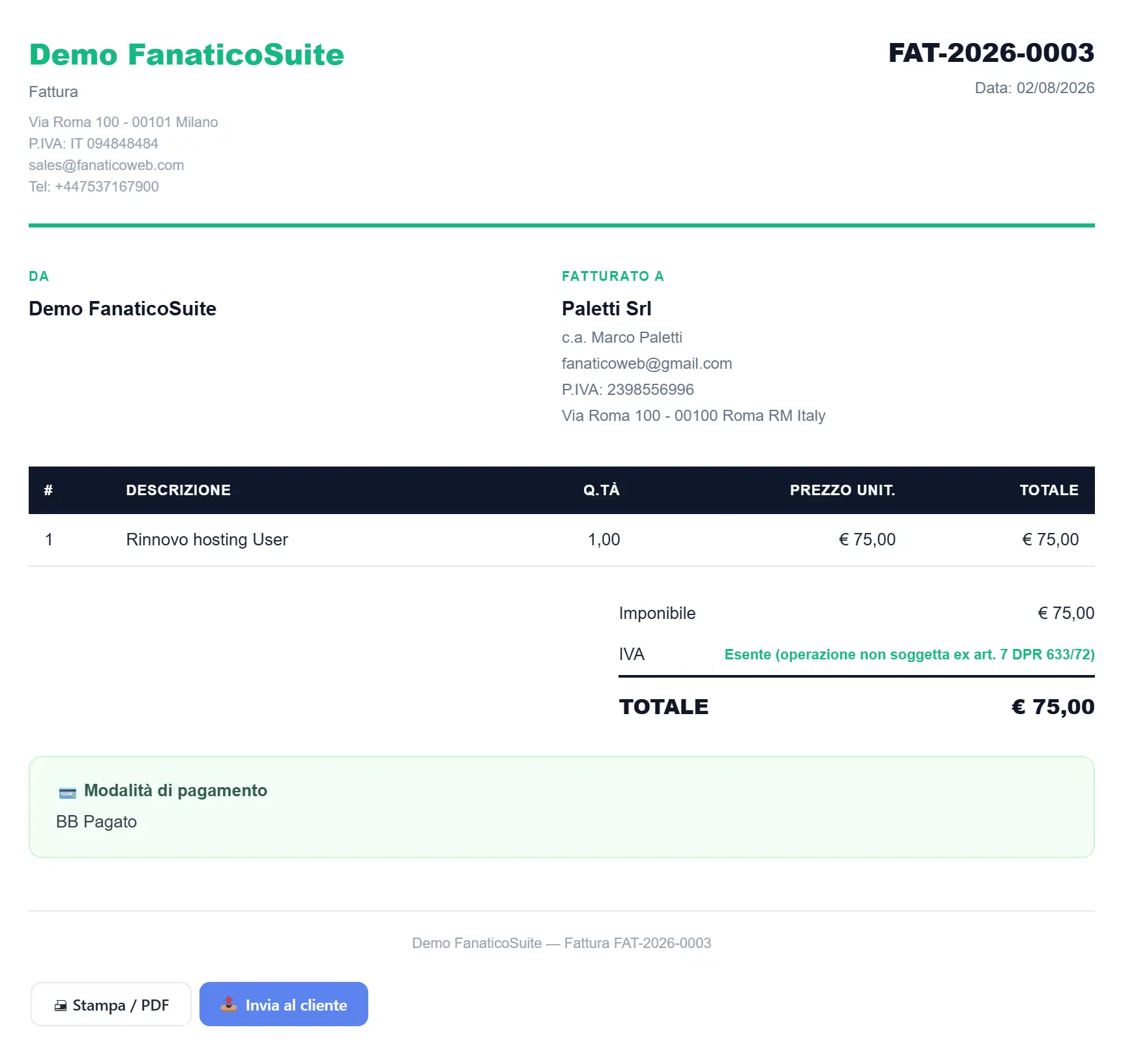 Fattura PDF Fanatico Suite
