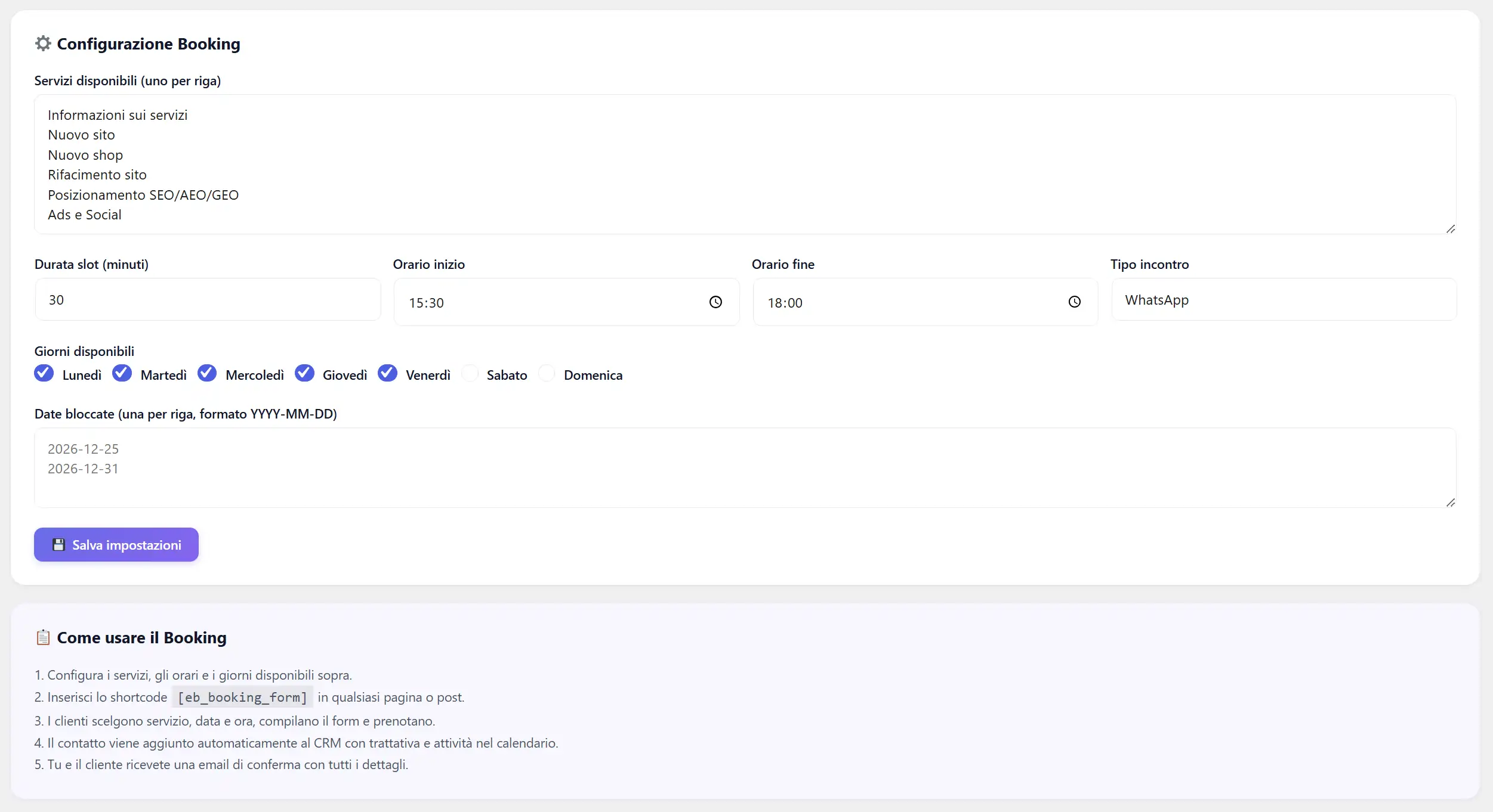 Impostazioni booking Fanatico Suite